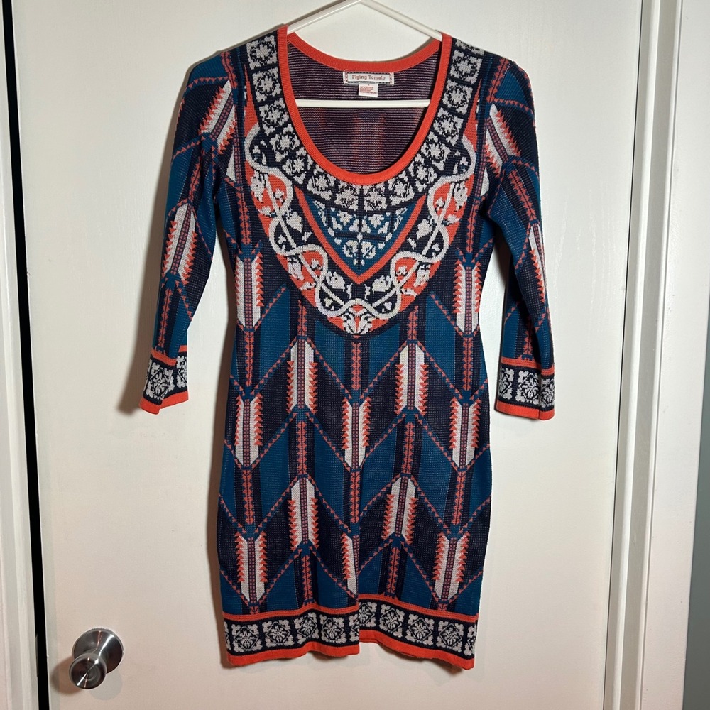 Flying Tomato Blue Orange Geometric Southwestern Knit Bodycon‎ Sweater Dress S
